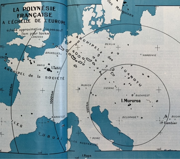 Carte situant Moruroa à Budapest si Tahiti à Paris pour rassurer 1809 INVA 327